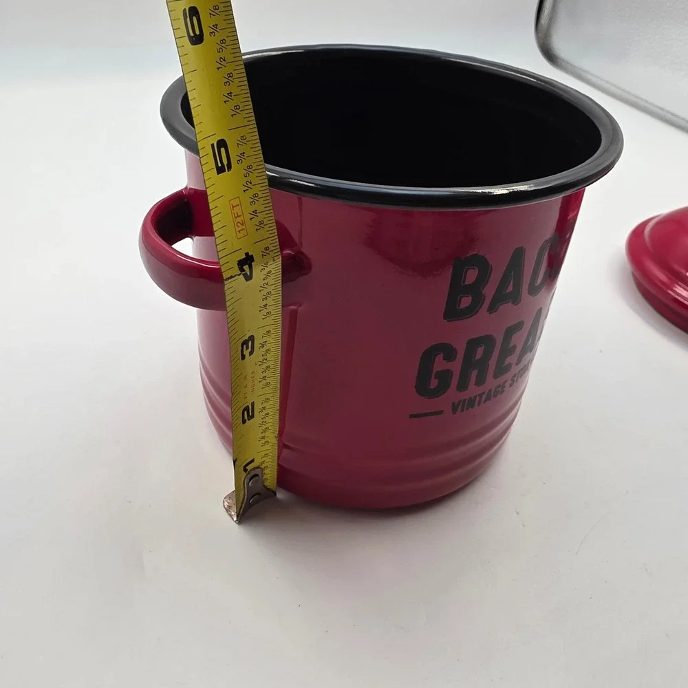Red Enamelware Bacon Grease Vintage Storage Canister Lid Farmhouse Kitchen T3